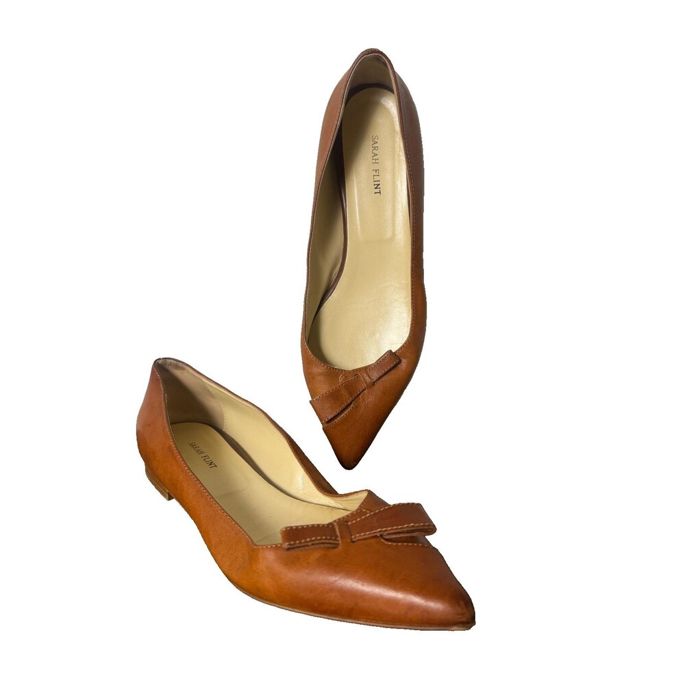 Sarah Flint Brown Leather Pointed Toe Bow Flats Handmade Italy Women 38.5